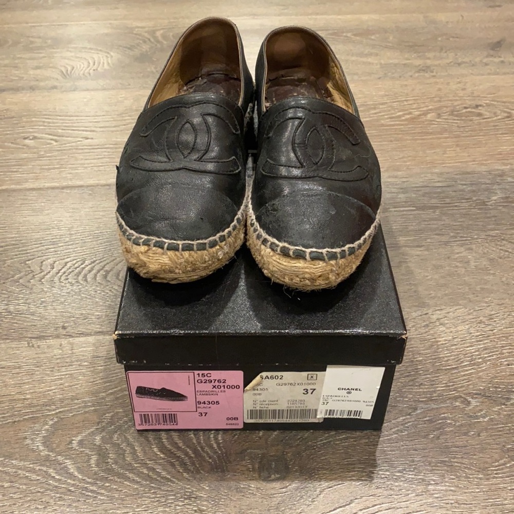Chanel black leather espadrilles